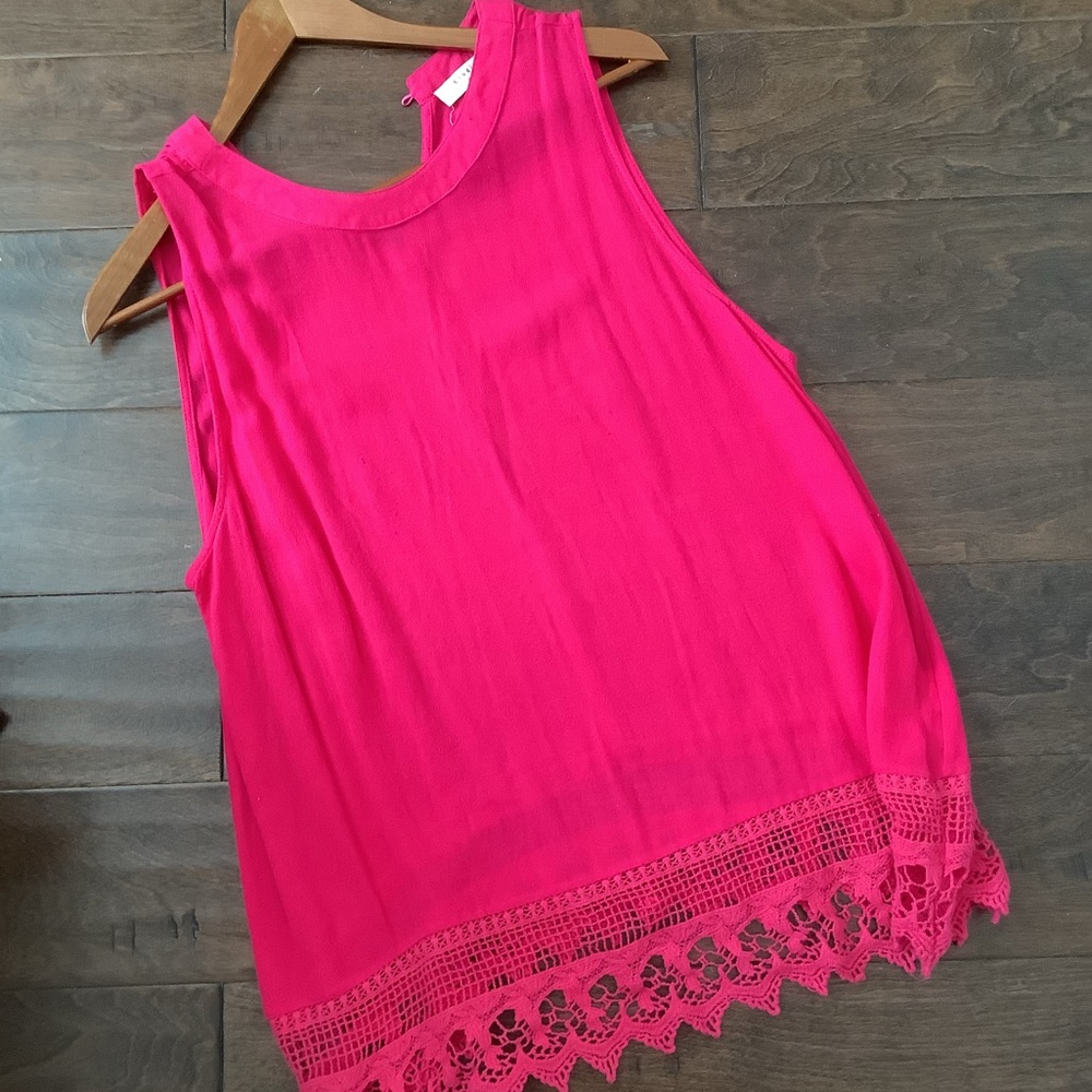 EUC Eloide Anthropologie Brand Bright Hot Pink Crochet Hem Tank Tunic L